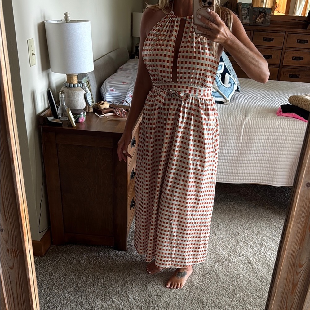 Cider Halter Maxi Dress in Orange and White Check